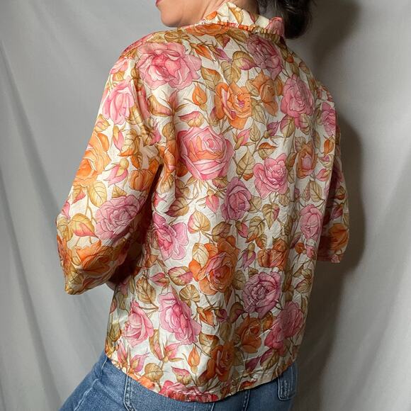 Vintage 70s pink roses print floral 1/2 sleeve blouse button-down top‎ rose L - Picture 11 of 17